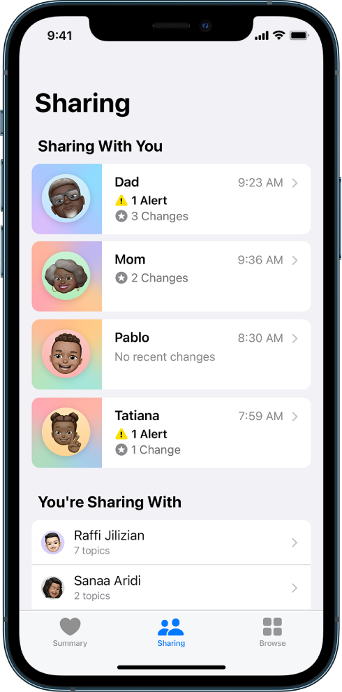 The Sharing screen in the Health app. In the middle of the screen, from top to bottom is a list of Sharing With You contacts that includes information such as Alert, Changes, and No recent changes. Below that is a list of You’re Sharing With contacts. Below each contact is the number of topics being shared with that contact. At the bottom of the screen are, from left to right, the Summary, Sharing, and Browse buttons. Sharing is selected.