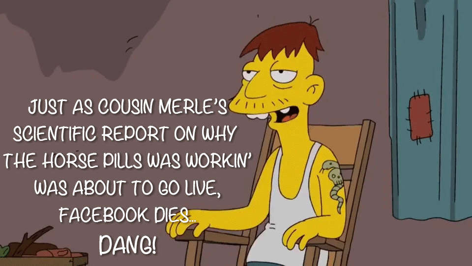 Just as cousin Merle's scientific report on why the horse pills was workin' was about to go live, Facebook dies. Dang!