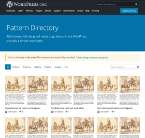 The Pattern Directory displays a range of block patterns available