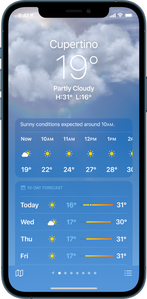 La pantalla de Clima mostrando desde la parte superior a la inferior: la ubicación, la temperatura actual, las temperaturas máxima y mínima del día, el pronóstico por horas y un pronóstico de 10 días. Una fila de puntos en la parte central inferior muestra cuántas ubicaciones contiene la lista. En la esquina inferior derecha se encuentra el botón “Lista de ubicaciones” y, en la esquina inferior izquierda, está el botón “Mostrar mapa”.