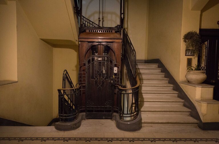 A Schindler elevator inside a 1920 Art Deco building in the Zamalek neighborhood of Cairo.