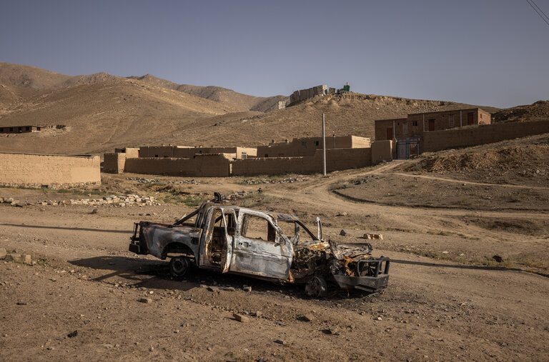 A destroyed Afghan police pickup and a ransacked outpost outside Kabul, Afghanistan, last week.