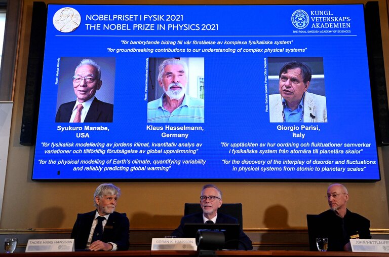 Syukuro Manabe of Princeton University, Klaus Hasselmann of the Max Planck Institute for Meteorology in Hamburg, Germany, and Giorgio Parisi of the Sapienza University of Rome were awarded the prize in Physics in Stockholm on Tuesday.