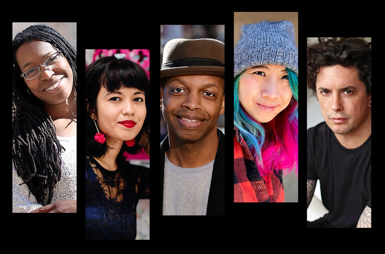 National Book Awards finalists include, from left: Tiya Miles for nonfiction; Jackie Wang for poetry; Robert Jones Jr. for fiction; Shing Yin Khor for young people’s literature; and Benjamín Labatut for translated literature.