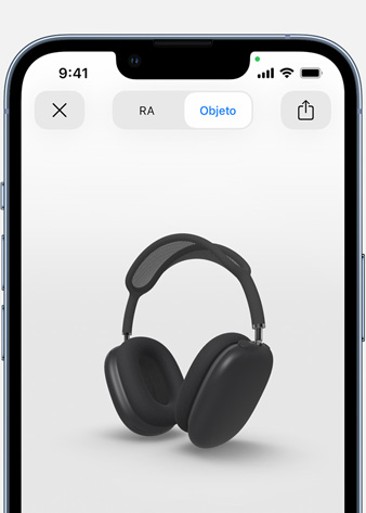 Image shows Space Gray AirPods Max in Augmented Reality screen on iPhone.