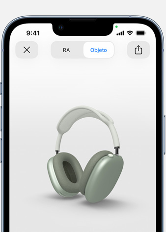 Image shows Green AirPods Max in Augmented Reality screen on iPhone.