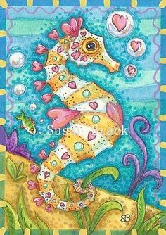 SEAHORSE OF HEARTS 2 Seahorse Drawing, Seahorse Painting, Seahorse Art, Seashell Painting, Sea Life Art, Sea Art, Creature Drawings, Art Portfolio, Whimsical Art