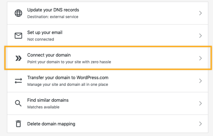 Jika domain Anda dipetakan dari registrar tertentu, akan muncul tab Hubungkan domain Anda di bagian Kelola Domain, di dalam daftar pilihan.