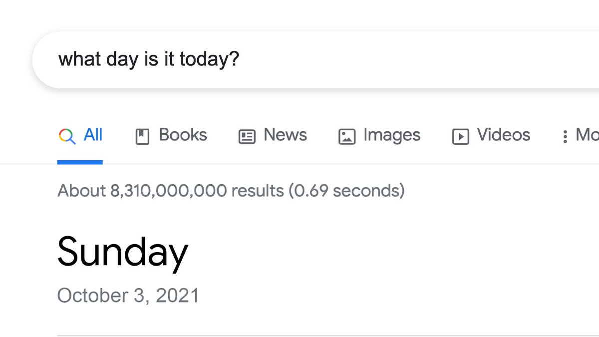 A picture of the Google Search bar with the question: "What day is it today?" The result appears below: Sunday, October 3, 2021