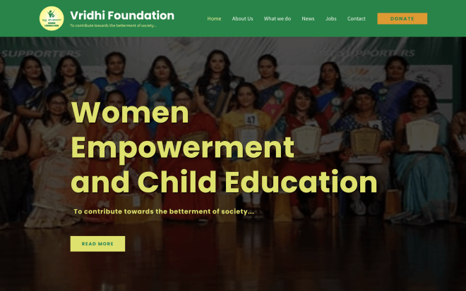 A screenshot of the Vridhi Foundation website created by the do_action Karnataka 2021 team.