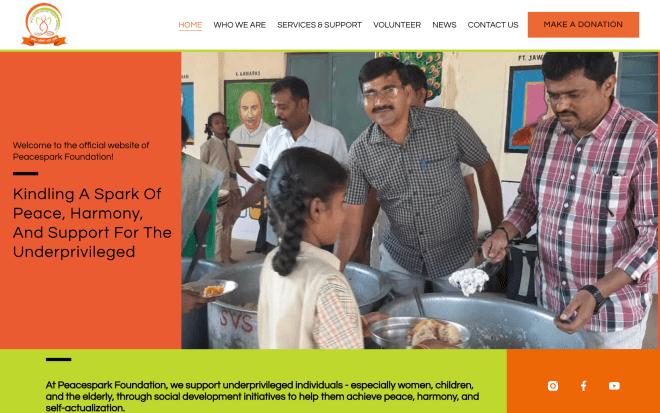 A screenshot of the Peacespark Foundation website created by the do_action Karnataka 2021 team.