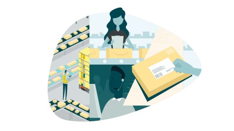 An illustration showing Amazon employees processing orders at various points of the delivery process.
