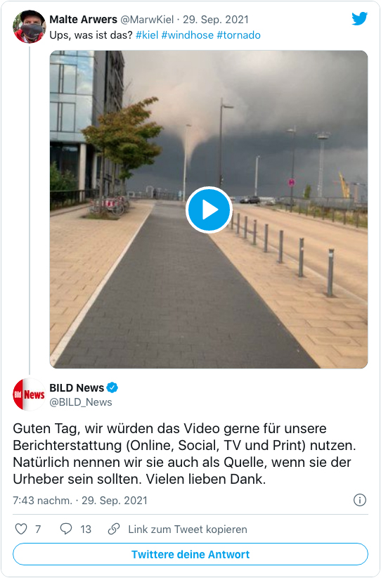 Screenshot eines Tweets Bild News - Guten Tag, wir würden das Video gerne für unsere Berichterstattung Online, Social, TV und Print nutzen. Natürlich nennen wir sie auch als Quelle, wenn sie der Urheber sein sollten. Vielen lieben Dank.