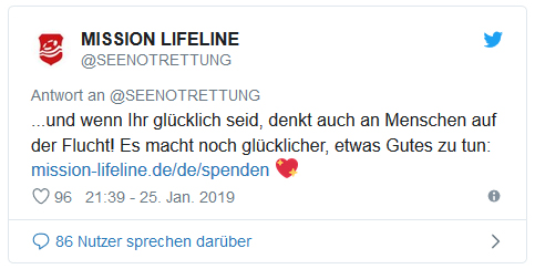 Screenshot eines weiteren Tweets von Seenotrettung - und wenn Ihr glücklich seid, denkt auch an Menschen auf der Flucht! Es macht noch glücklicher, etwas Gutes zu tun