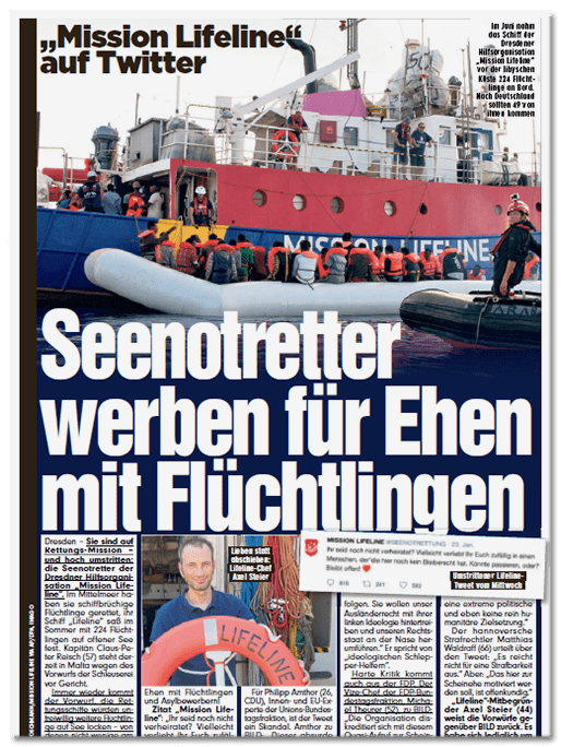 Ausriss Bild-Zeitung - Mission Lifeline auf Twitter - Seenotretter werben für Ehen mit Flüchtlingen