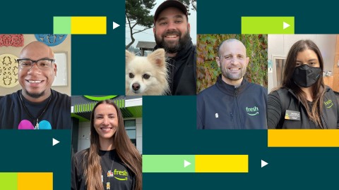 A collage image of Amazon Fresh Employees. They are all smiling for individual photos while wearing their Amazon-Fresh-branded clothing and name tags. Some are wearing masks and one employee has his Pomeranian dog in the photo. 