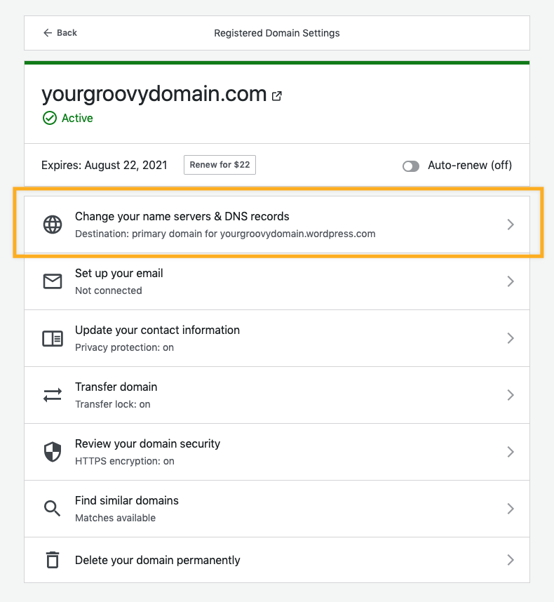 Domain management panel on WordPress.com dashboard showing "Change your name servers and DNS records". 