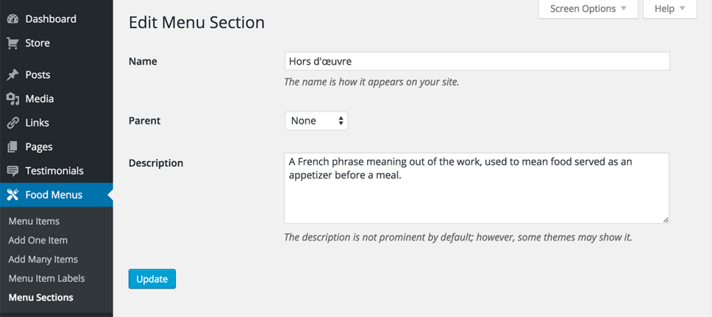 Food Menu Sections editing