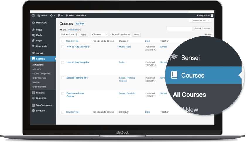 Computer screen showing Sensei's Courses page in WordPress Admin