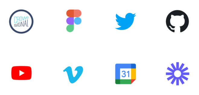 סמלי לוגו עבור Crowdsignal, ‏Figma, ‏Twitter, ‏GitHub, ‏YouTube, ‏Vimeo, ‏Google Calendar, ו-Loom