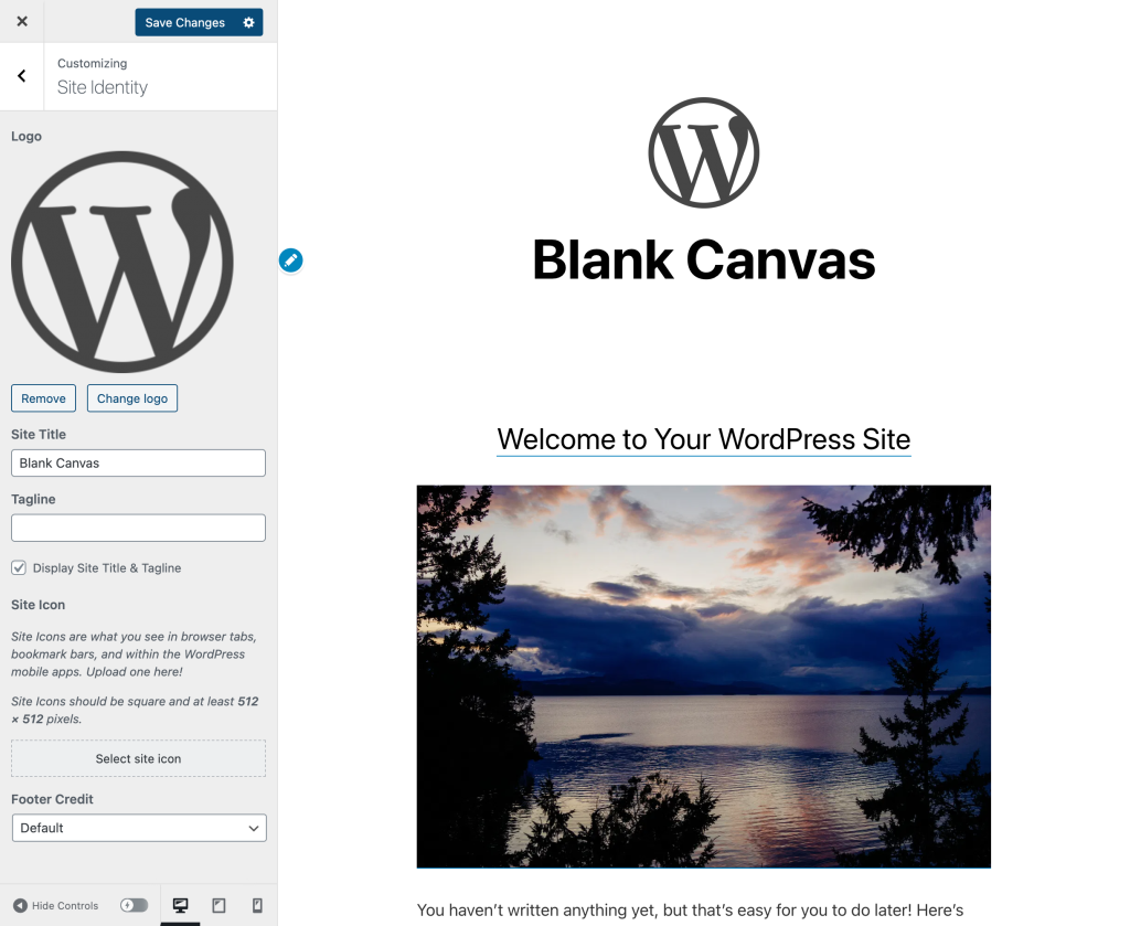 The Customizer interface, showing a WordPress logo inserted into the page.