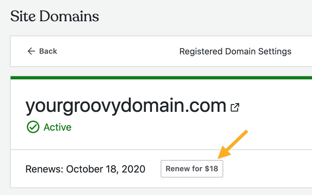 Renew domain option in the WordPress.com domain management page.