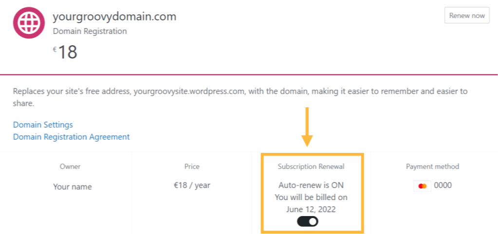 Domain details in the Manage Purchases section, showing the auto-renew is toggled ON.