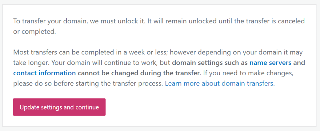 The domain transfer process showing the Update Settings and Continue button.