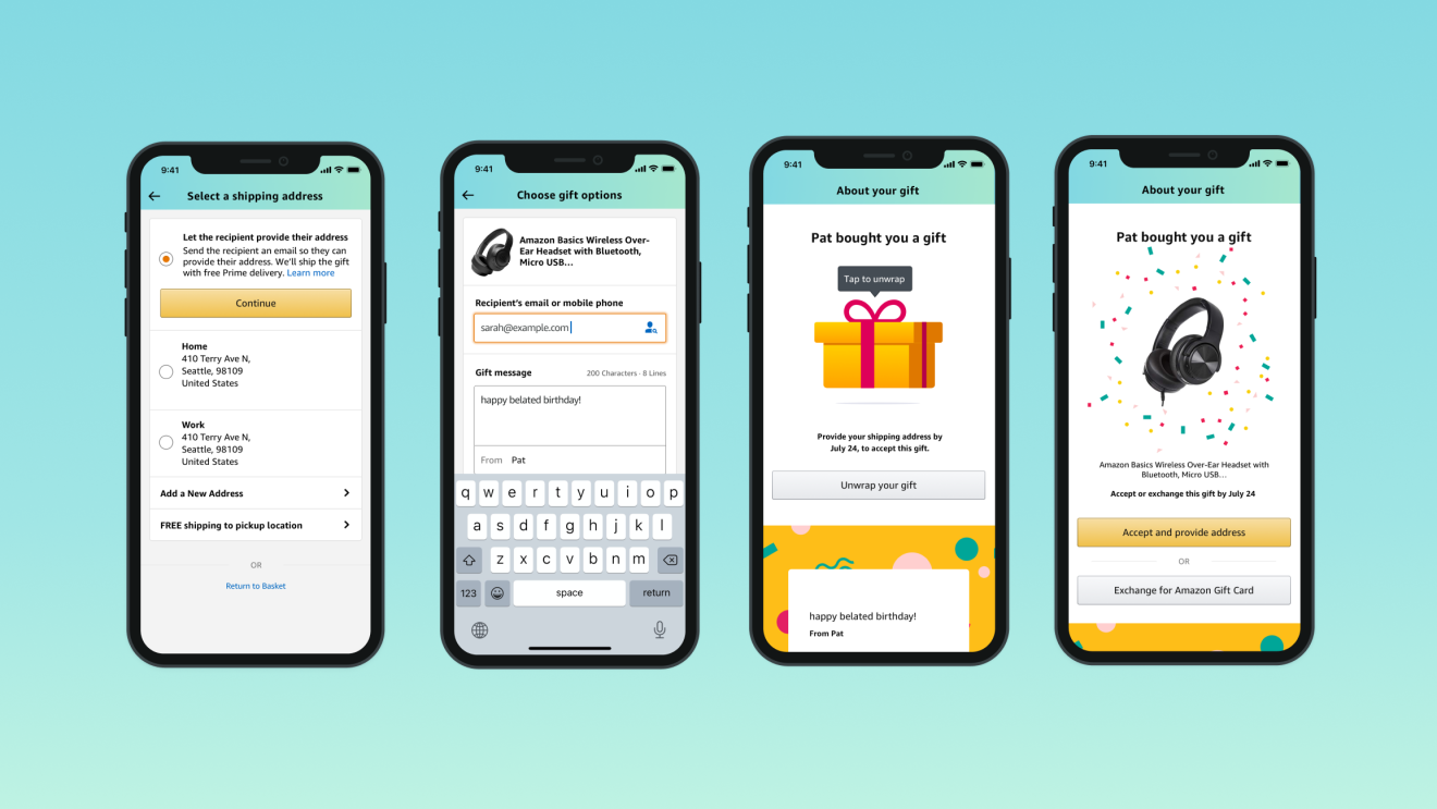 Four mobile phone screens showcase the step-by-step process of the new shopping feature.