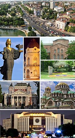 From top to bottom, left to right: Tsarigradsko shose, Statue of Sveta Sofia, Bulgarian Academy of Sciences, Saint Sophia Church, Borisova gradina, Ivan Vazov National Theatre, Alexander Nevsky Cathedral and the National Palace of Culture