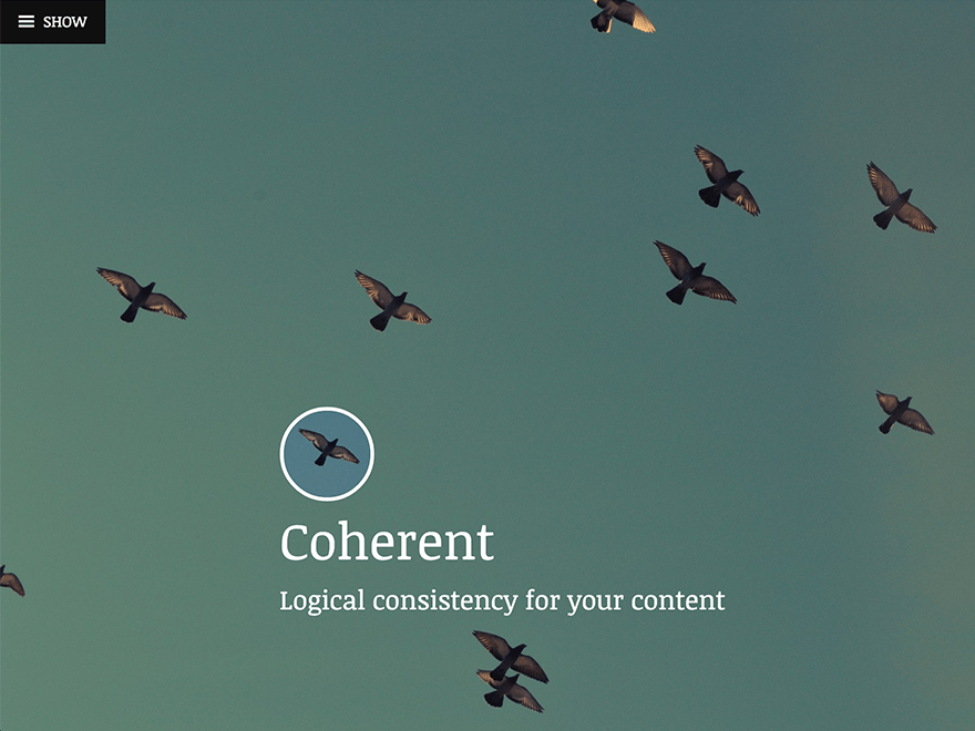 Coherent é um tema simples e estruturado com imagens destacadas em tela cheia e uma barra lateral deslizante.