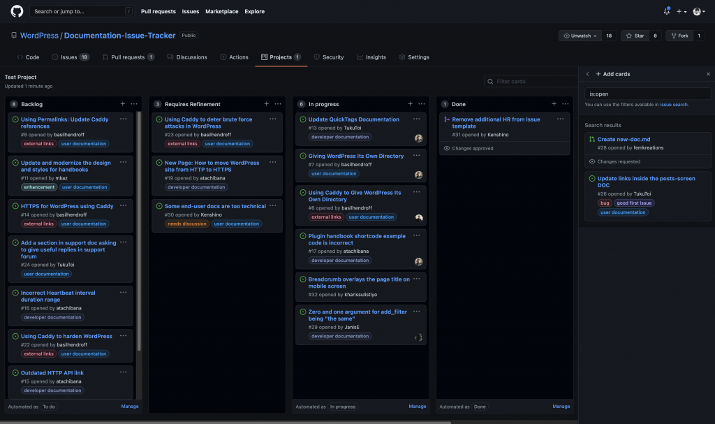 GitHub Project board for managing all GitHub issues from the repository.