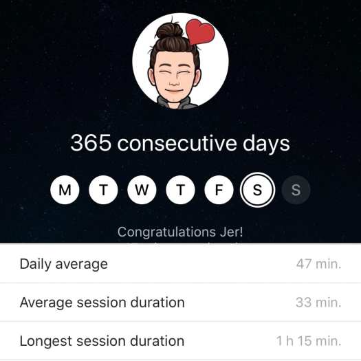 screenshot of insight timer app showing 365 consecutive days of meditation