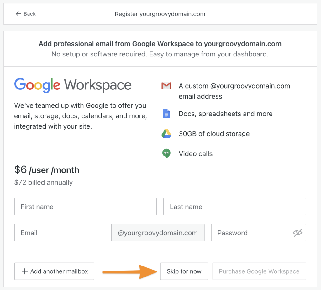 Add Google Workspace email screen while registering a new domain.
