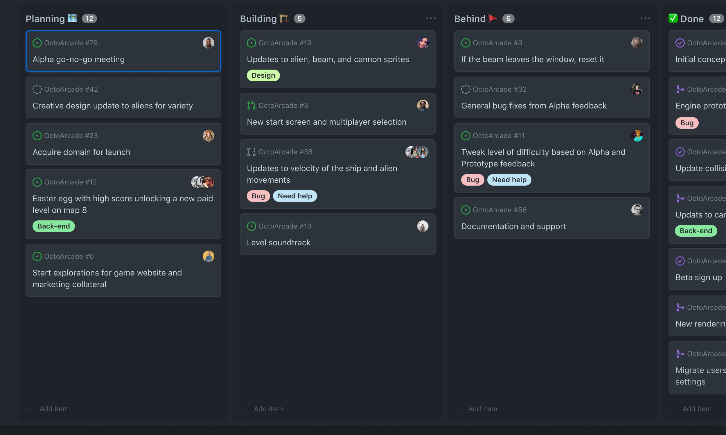 Illustration of a classic kanban board project. Cards are sorted in 4 columns based on their status, in a view called 'Current sprint.'