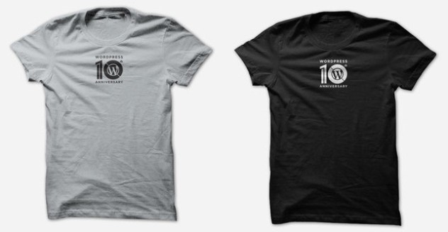 Silver and Black tshirts with WordPress 10th anniversary logo on them