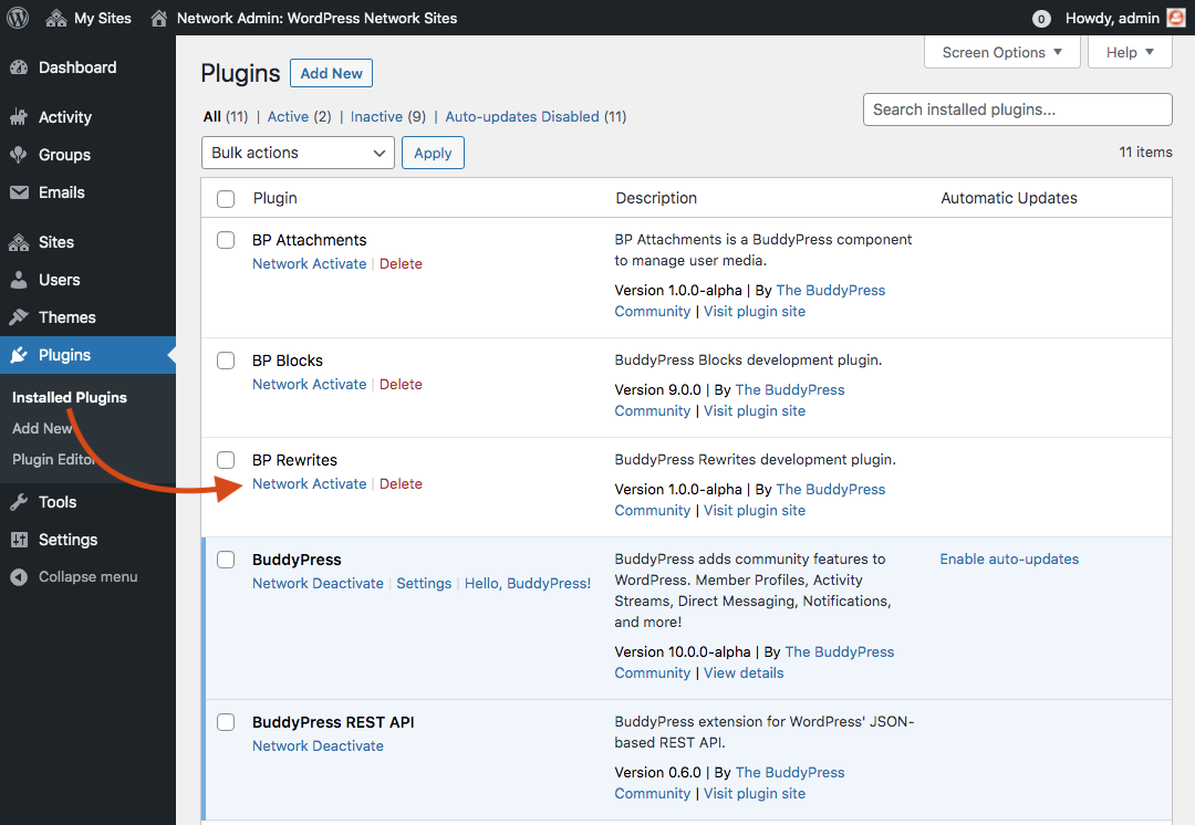 WordPress Plugins Administration screen