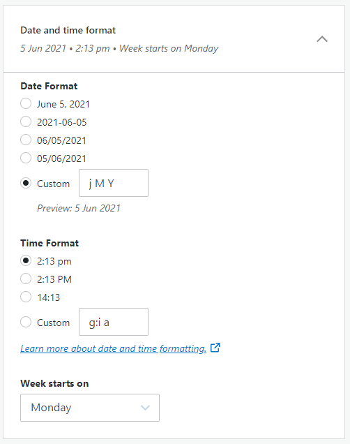 The date and time formatting options