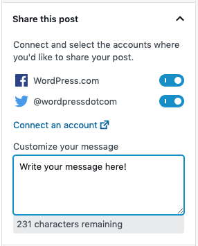 The Share this post section has toggles for each social service, and then a text field under "Customize your message"