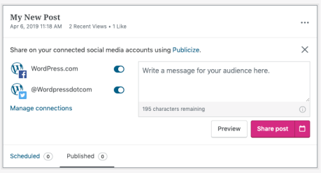When re-publicizing a post, a modal will pop up with the social connections and a place to customize the sharing message. The Share post button will send out the publicizing.