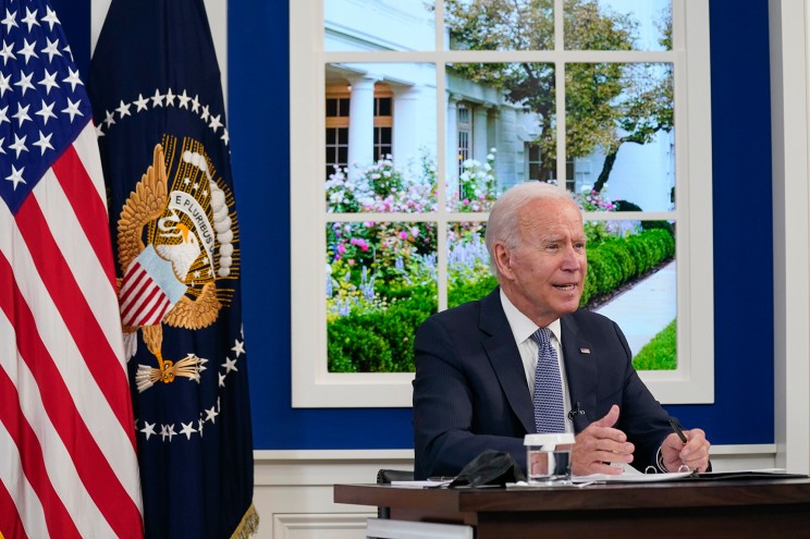 President Joe Biden speaks during a meeting with business leaders about the debt limit in the South Court Auditorium on the White House campus, Wednesday, Oct. 6, 2021.