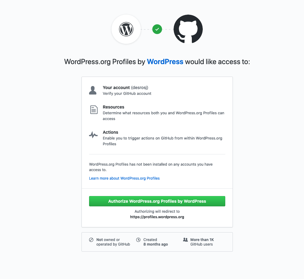 The authorization screen on GitHub for the WordPress.org Profiles application.