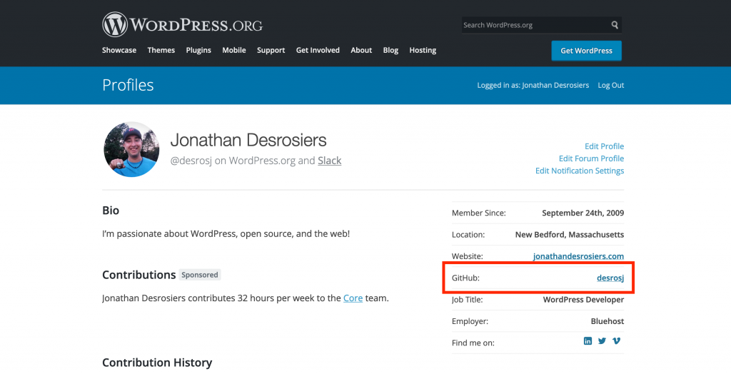 WordPress.org profile with GitHub profile link highlighted.