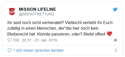 Screenshot eines Tweets von Seenotrettung - Ihr seid noch nicht verheiratet? Vielleicht verliebt Ihr Euch zufällig in einen Menschen, der*die hier noch kein Bleiberecht hat. Könnte passieren, oder? Bleibt offen!