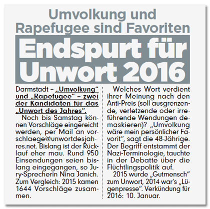 Ausriss Bild-Zeitung - Umvolkung und Rapefugee sind Favoriten - Endspurt für Unwort 2016