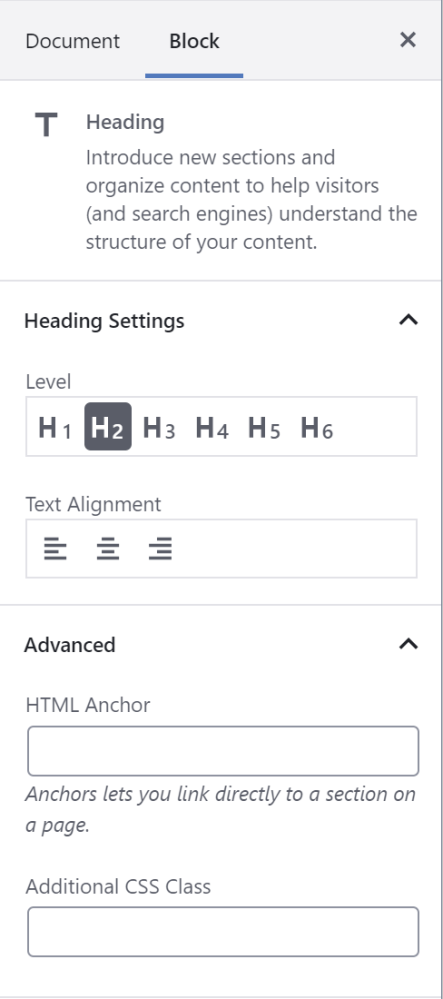 Die Optionen für die Überschriftsblöcke bieten h5, h6 und Optionen zur Textausrichtung.