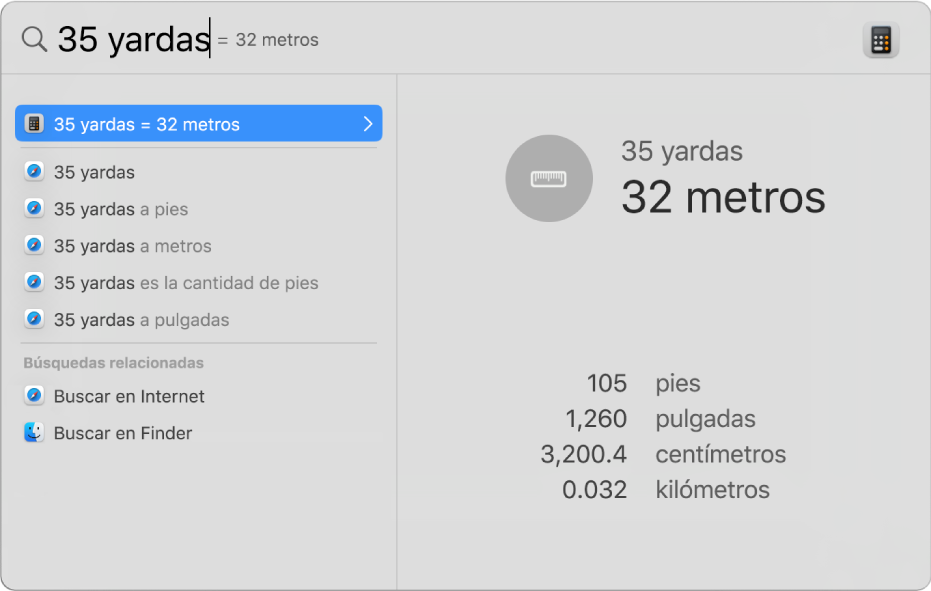 La ventana de Spotlight mostrando una conversión de yardas a metros en el campo de búsqueda. A la izquierda hay una lista de resultados de búsqueda. Las conversiones adicionales se muestran en la vista previa de la derecha.