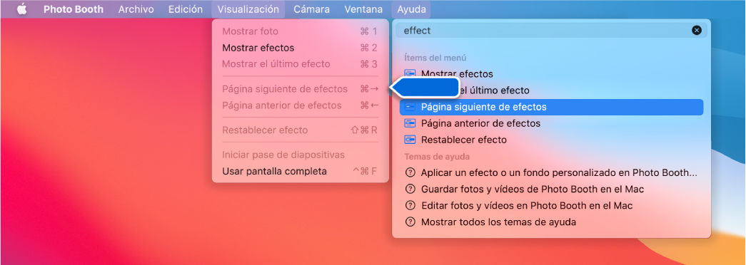 El menú Ayuda de Photo Booth con un resultado de búsqueda para una opción de menú seleccionado y una flecha señalando el ítem en los menús de la app.