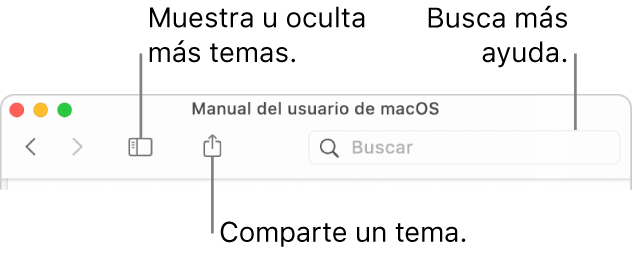 Una ventana de ayuda con los botones de la barra de herramientas para ocultar o mostrar la tabla de contenido y compartir un tema, y el campo de búsqueda para buscar temas.