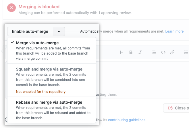 "Enable auto-merge" drop-down menu